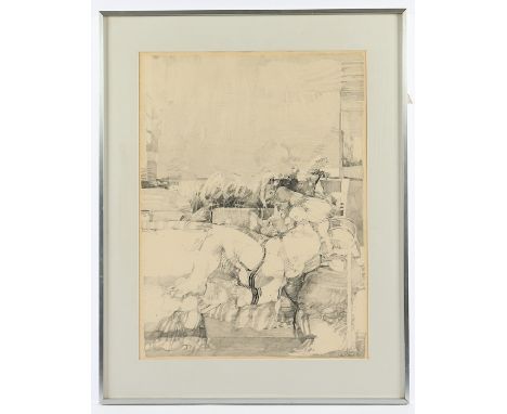   KRAMER, Udo, "Figuren", Bleistiftzeichnung/Papier, 55 x 41, unten rechts schwer lesbar signiert und datiert 1970, R.       
