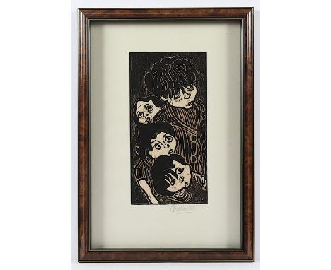   PANKOK, Otto, "Lauschende Kinder", Original-Holzschnitt, 30 x 15, 1947, handsigniert, R.          