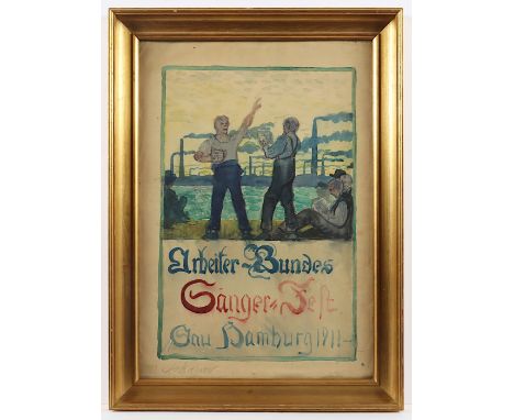   SCHAPER, Friedrich (1869-1956), "Singende Arbeiter vor Industrielandschaft", Aquarell/Papier, 49 x 34, besch., unten links 