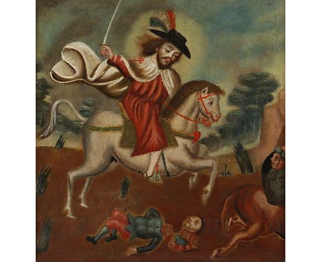   SCHULE VON CUSCO 18.JH., "Heiliger Jakob in der Schlacht von Clavijo", Öl/Lwd., 61 x 59, doubliert, rest., R.          