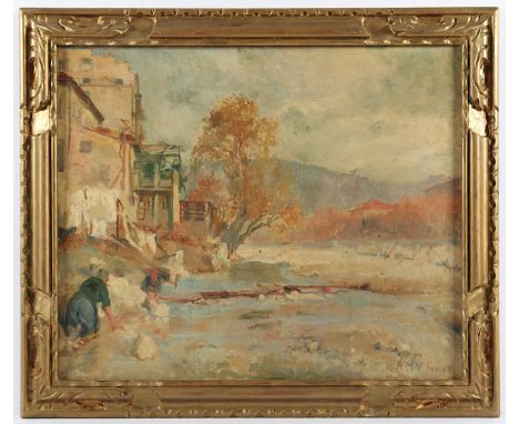   VIEILLARD-FANET, Anne-Marie (1866-1950), "Wäscherinnen am Flussufer", Öl/Lwd., 54,5 x 65, rest., unten rechts signiert, R. 