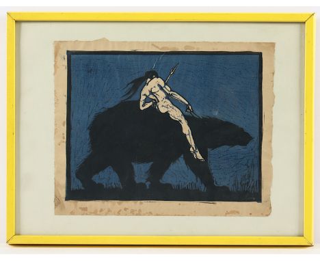   UNBEKANNTER GRAFIKER, "Amazone auf einem Eisbären reitend", Farbholzschnitt, 21 x 26, R.          