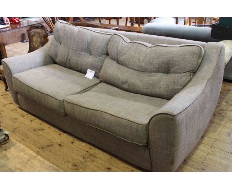 Collins & Brown large three seater sofa in grey fabric with brown leather piping