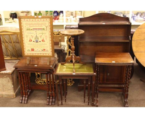 Mahogany bookcase, three nests of tables, gilt framed wall mirror, firescreen and wine table