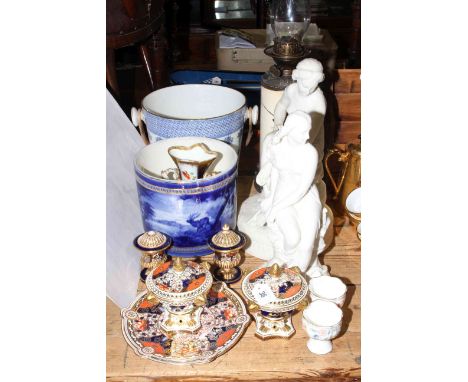 Two Parian figures, one Miranda, ornate Davenport plates, pot pourri and vases, blue and white planter, lamp, slop pail, etc