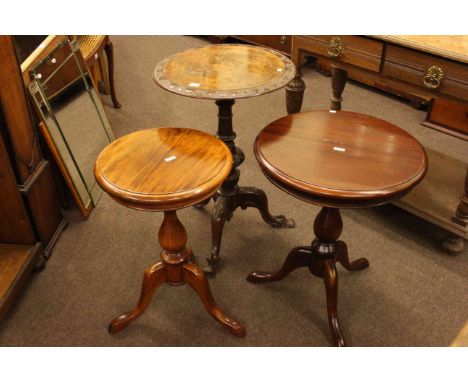 Victorian walnut tripod occasional table and two modern mahogany tripod tables