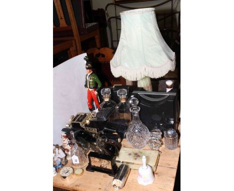 Vintage Cine camera and Yashica projector, Irish Mist and Beam novelty decanters, glassware, figures, table lamp, etc