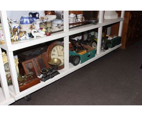 Various clocks, balance scales, kitchen scales, weights, rosewood barometer, lamp, china teaware, binoculars, etc