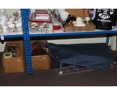 Wall hanging, textiles, buttons, collar boxes, etc