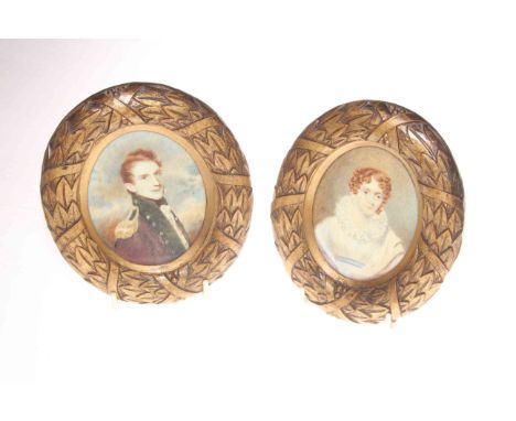 Pair of portrait miniatures on ivory of Major Latter and Juliana Ann Latter, 19th Century, in gilded oval frames