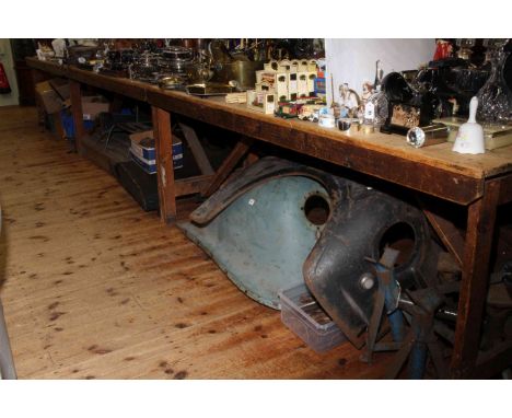 Large collection of old car parts, tools, jack, tyres, bench vice, some probably of Jowett interest