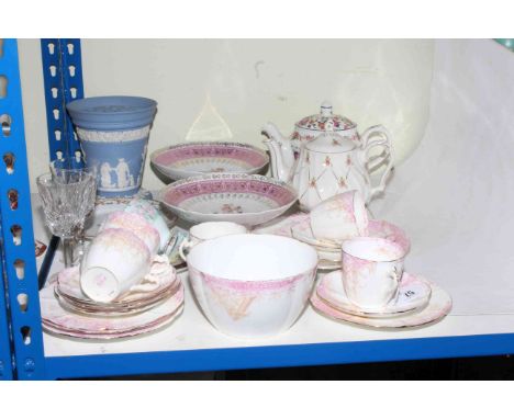 Wileman tea service, Shelley cup and saucer, Wedgwood vase, Sadler teapot, etc