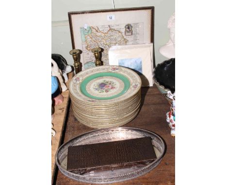 Fourteen Rosenthal plates with floral designs, pair of brass candlesticks, oval plated tray, cased servers, map print, etc
