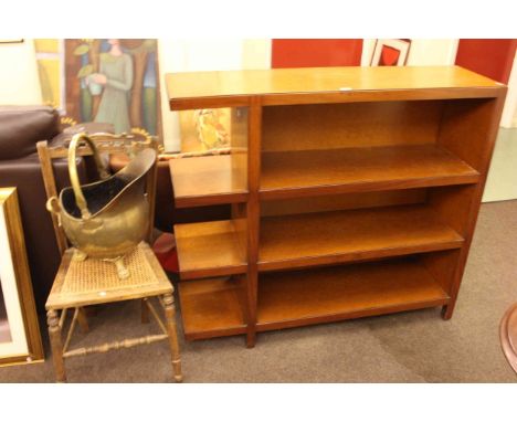 Ercol rocking chair, burr walnut finish shelf unit, bedroom chair and brass coal scuttle