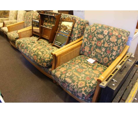 Ercol light wood bergere style three piece lounge suite