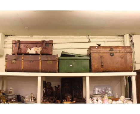 Two tin trunks, Barkers canvas trunk and leather case