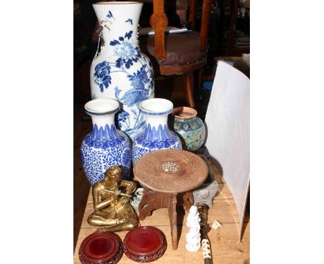 Large Chinese blue and white vase, 60cm, elephant garden stool, pair vases, pottery vase, wood stands, brass and china figure