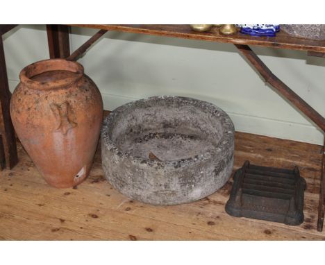 Earthenware vase, stone circular trough and foot scraper (3)