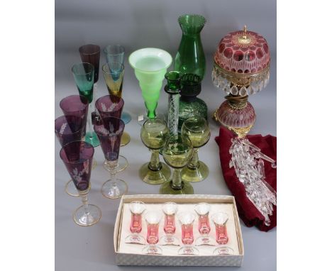 AIR TWIST STEM &amp; OTHER DRINKING GLASSWARE, Air Twist stem candlestick, loose quantity of glass lustres, vintage colourful