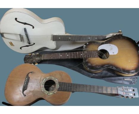 VINTAGE GUITARS (3) including one in white livery labelled 'Lucky 7' by Roberts, 100cms L, a Romanian example with slipcover 