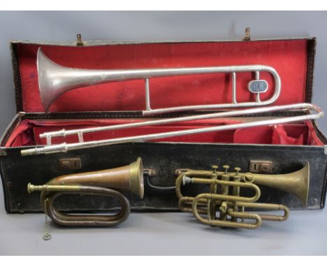 WIND INSTRUMENTS (3) to include a Boosey &amp; Hawkes silver plated Regent trombone No 575242 with carry case, brass cornet, 