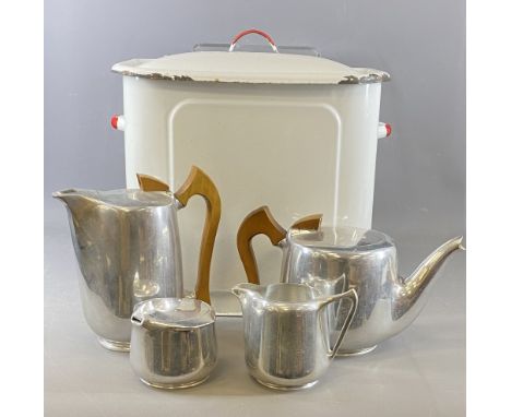 PIQUOT WARE 4 PIECE TEA SERVICE and an enamel lidded bread bin