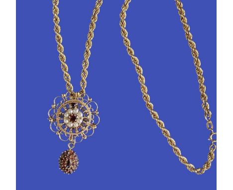 9CT GOLD CHAIN &amp; PENDANT - a fine 9ct twist necklace, 50cms L with superb circular pendant having a looped border with ce