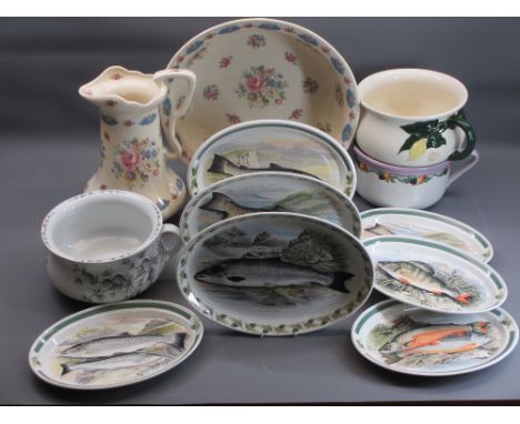 PORTMEIRION POTTERY THE COMPLEAT ANGLER FISH DECORATED PLATTERS (7), three Victorian chamber pots and a floral decorated wash
