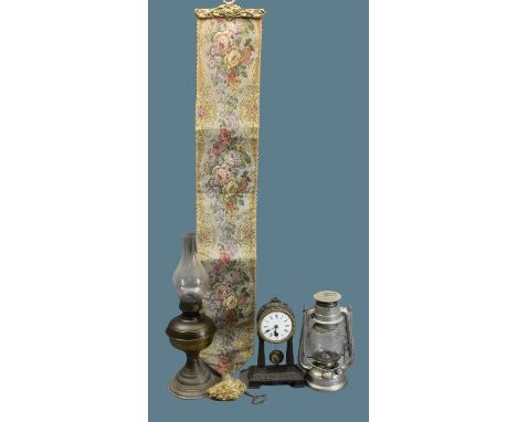 CAST METAL FRENCH MANTEL CLOCK, two vintage style lamps and a reproduction tapestry type small wall hanging