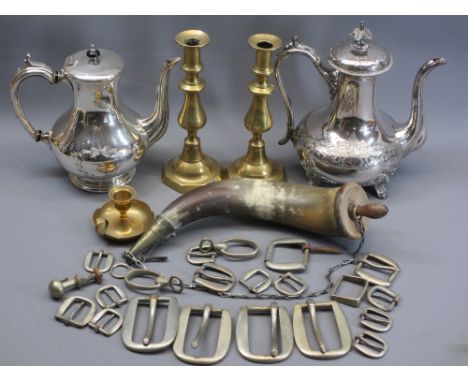 EPBM, BRASSWARE and other collectables group to include a horn shot flask, quantity of bridal buckles, two EPBM chased decora