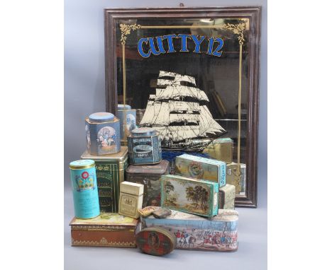 VINTAGE TINS, a collection and a reproduction pub mirror for Cutty Sark's Blended Scotch Whisky, 68 x 53cms