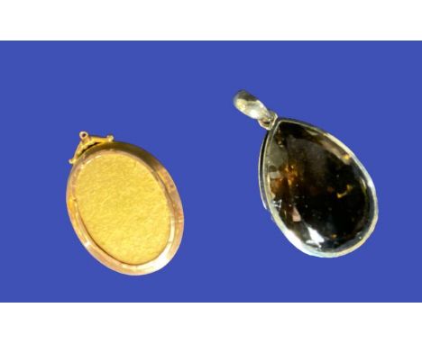 9CT OVAL PORTRAIT PENDANT - 4.2cms L, 8grms gross and a large 925 silver pendant with a smoky quartz stone, 4 x 3cms, 36grms 