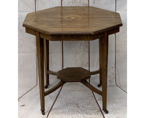 CIRCA 1900 INLAID ROSEWOOD OCTAGONAL TOP SIDE TABLE - on tapering supports with conjoining stretcher and lower shelf on brown