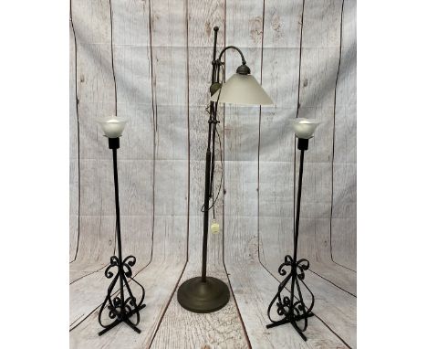 LIGHTING - wrought iron floor standing candleholders, a pair, 98cms tall and a floor standing modern adjustable standard lamp