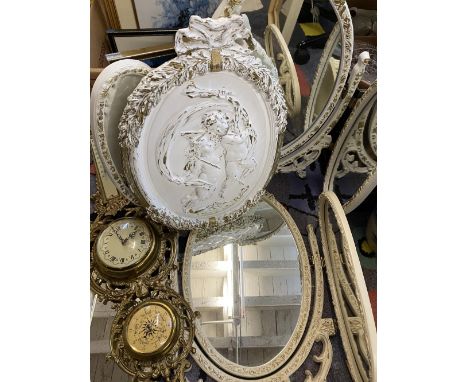 FRENCH STYLE TRIPLE DRESSING TABLE MIRRORS (2), various plaques, framed pictures and prints and a brass banjo barometer