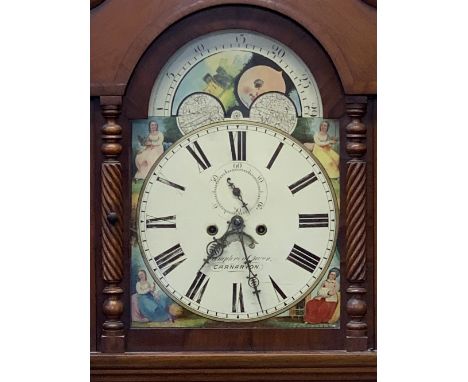 VICTORIAN MAHOGANY LONGCASE CLOCK - the dial marked 'Humphrey Owen Caernarfon', painted arch moon dial with ladies to the spa