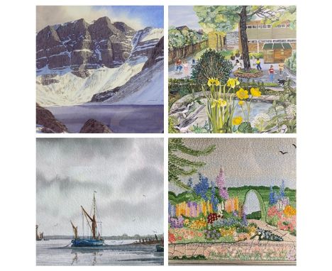 ALAN WHITEHEAD watercolour - beached boats, 14 x 19cms, ROSEMARY J HALL watercolour - garden scene with children playing, AFT