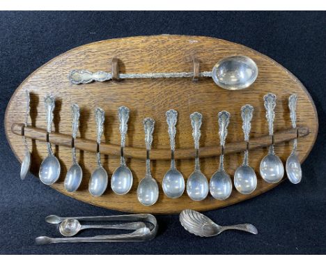 HALLMARKED &amp; STERLING SILVER SPOONS GROUP - with a set of sugar tongs to include a Sheffield 1887 tea caddy spoon with sh