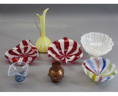 VENETIAN LATTICINO &amp; SIMILAR GLASSWARE, 7 ITEMS - two ruby red and white bowls, 17 and 16cms across, yellow and white tal