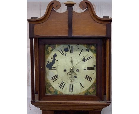 CIRCA 1840 OAK &amp; MAHOGANY LONGCASE CLOCK, 14in square painted dial set with Roman numerals, subsidiary seconds dial and d