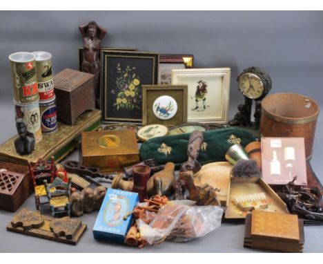 TREEN &amp; OTHER COLLECTABLES to include a composition mantel clock, carved love spoon, figurines, can shaped radios, lidded