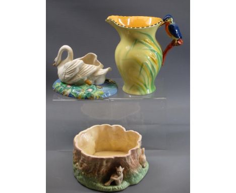 CLARICE CLIFF SWAN POSY HOLDER, Sylvac planter and a Falcon ware kingfisher jug