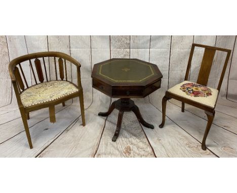 FURNITURE PARCEL (3) - a reproduction mahogany drum type table with octagonal tooled top with drawers, 60cms H, 64cms W, 64cm