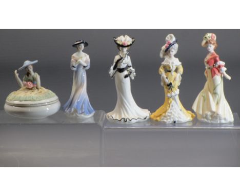 COALPORT LADY FIGURINES (4) and a pin dolly trinket dish, titles to the Coalport include 'Debutante Thank you', 'Lady Eliza',
