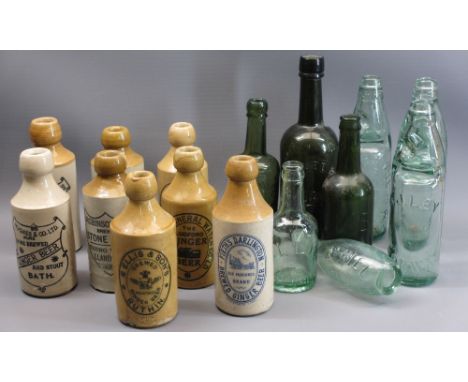 GLASS COD BOTTLES, stoneware beer bottles, ETC, labels include Niblett &amp; Co's Ginger Beer Cheltenham, Ellis &amp; Sons Ru