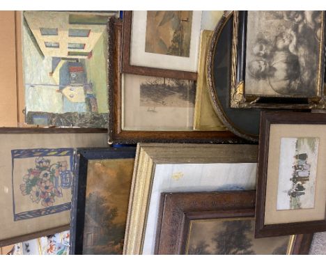 FRAMED OILOGRAPHS (2) - distressed, and a parcel of sundry prints and an unframed oil on board of Porthleven by PEGGY BATES a