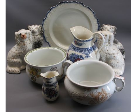 STAFFORDSHIRE COMFORTER DOGS, TWO PAIRS, Victorian chamber pots x 2 and other decorative pottery to include a 38cms diameter 