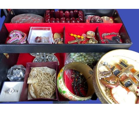 VINTAGE &amp; LATER JEWELLERY - within a jewellery box and cylindrical trinket box including silver and cz set dress rings, a