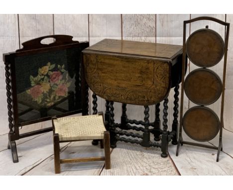 VINTAGE FURNITURE PARCEL, 4 ITEMS - a carved top barley twist oak gateleg table, 67cms H, 59cms W, 91.5cms fully open, 32.5cm