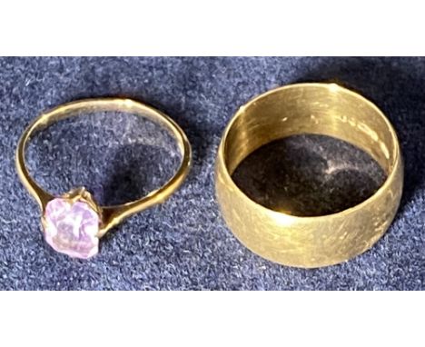 9CT GOLD WIDE WEDDING BAND - 7.4grms, size T-U and a 9ct gold dress ring with purple stone, 1.8grms, size Q-R